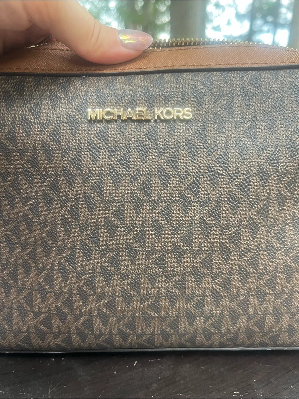 Michael Kors Jet Set Large Printed Signature Logo Crossbody Bag Brown